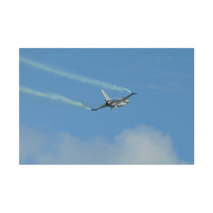 F16 Fighting Falcon Flying From The Left With Smoke, Levelling Out, Matte Canvas, Stretched, 0.75" - The Trio Synergize Group