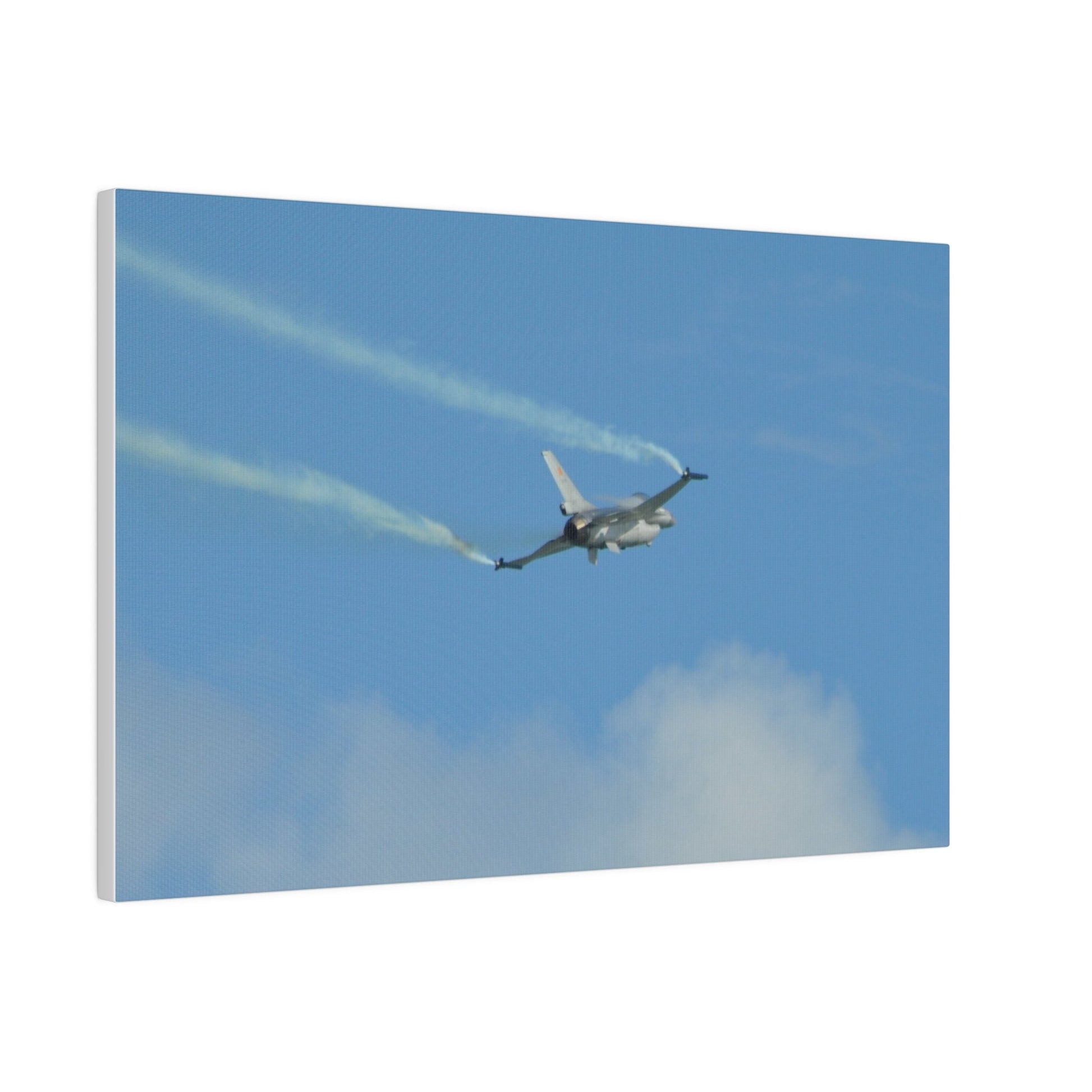 F16 Fighting Falcon Flying From The Left With Smoke, Levelling Out, Matte Canvas, Stretched, 0.75" - The Trio Synergize Group