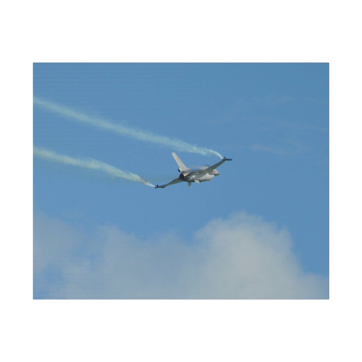 F16 Fighting Falcon Flying From The Left With Smoke, Levelling Out, Matte Canvas, Stretched, 0.75" - The Trio Synergize Group