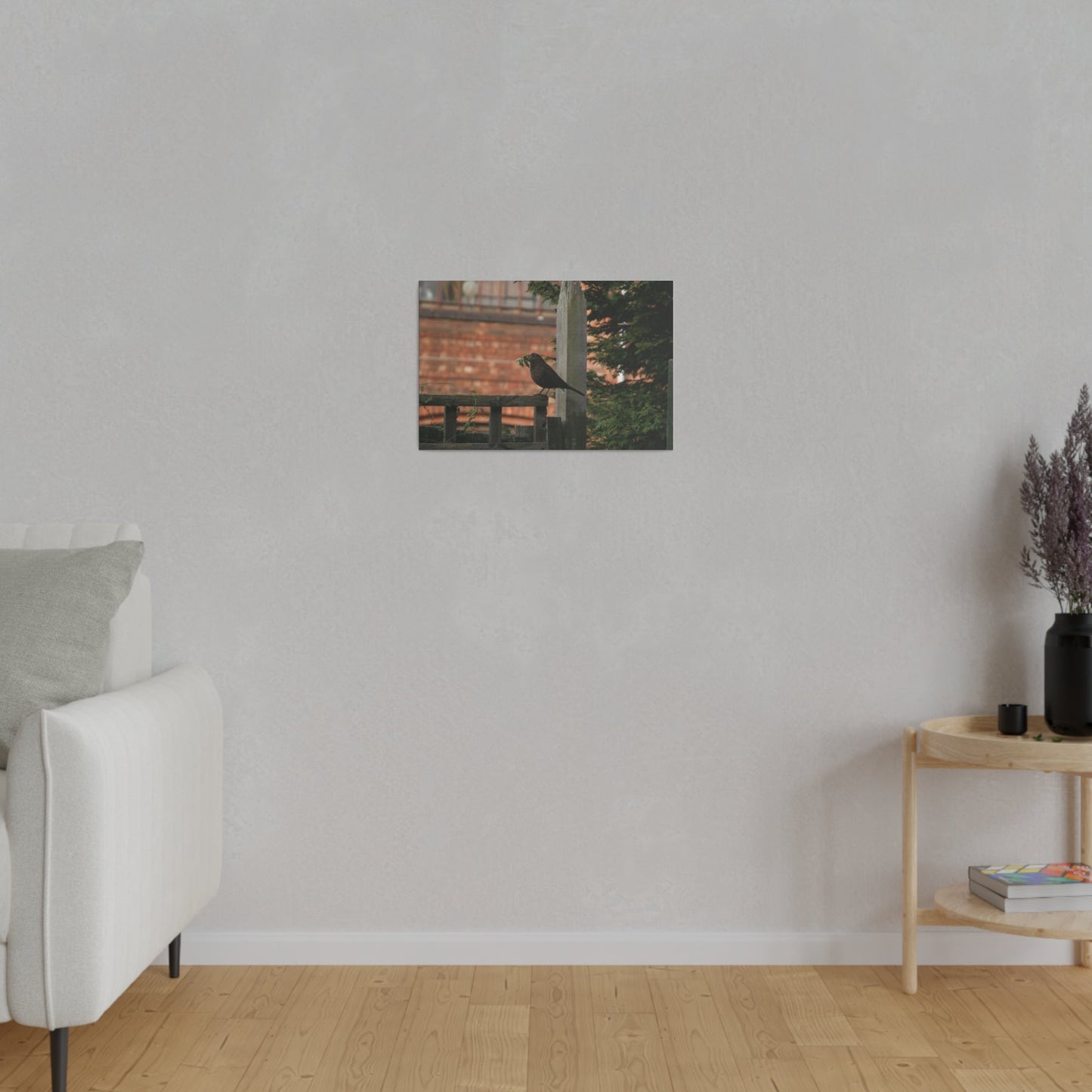 Female Blackbird Gathering Sticks For Nest, Matte Canvas, Stretched, 0.75" - The Trio Synergize Group
