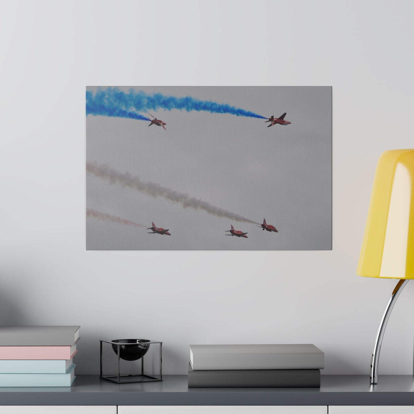 Five Red Arrows Flying From The Left, Three Level With Two Of Them With Blue Smoke And Two Flying Upside Down With Blue Smoke Rear View, Matte Canvas, Stretched, 0.75" - The Trio Synergize Group