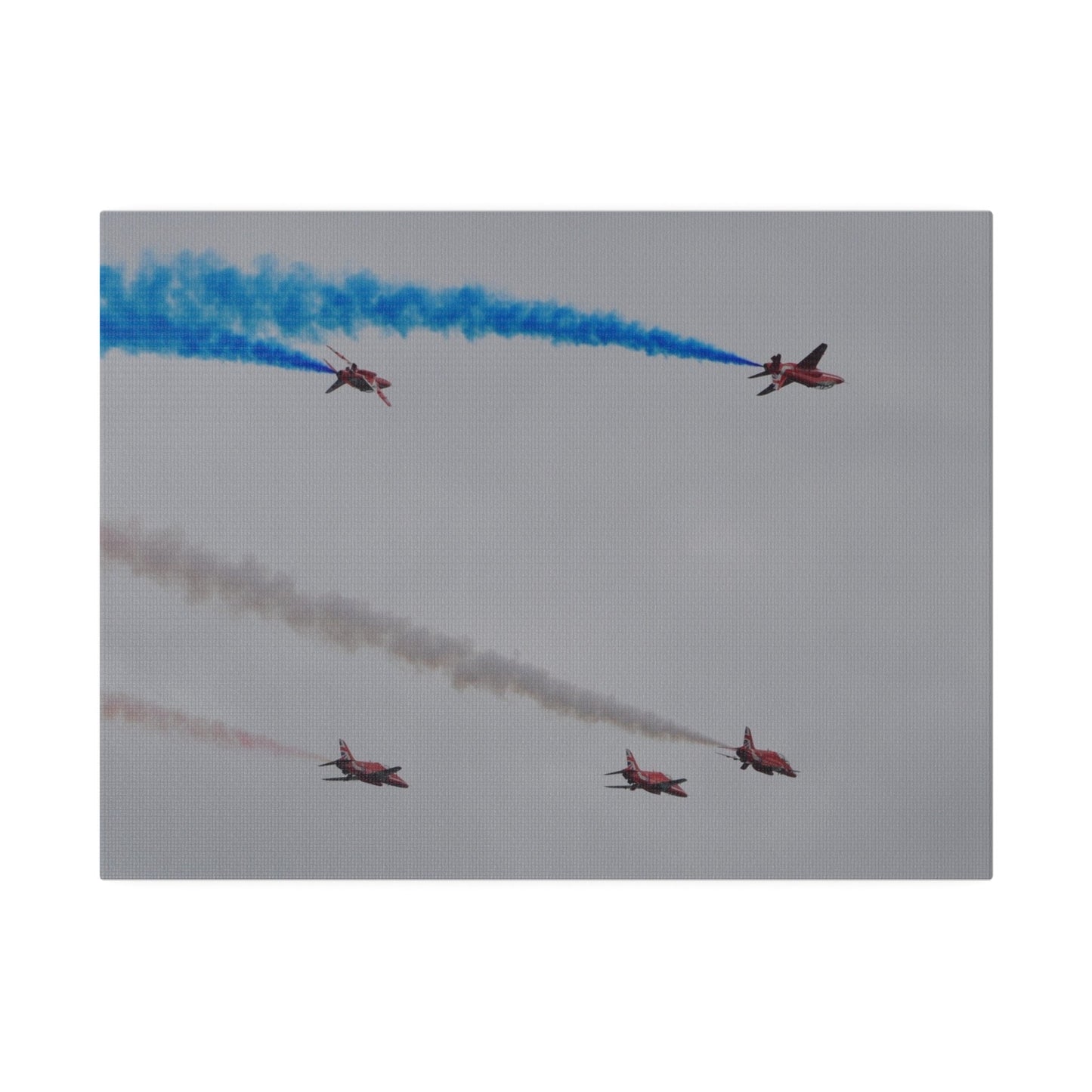 Five Red Arrows Flying From The Left, Three Level With Two Of Them With Blue Smoke And Two Flying Upside Down With Blue Smoke Rear View, Matte Canvas, Stretched, 0.75" - The Trio Synergize Group