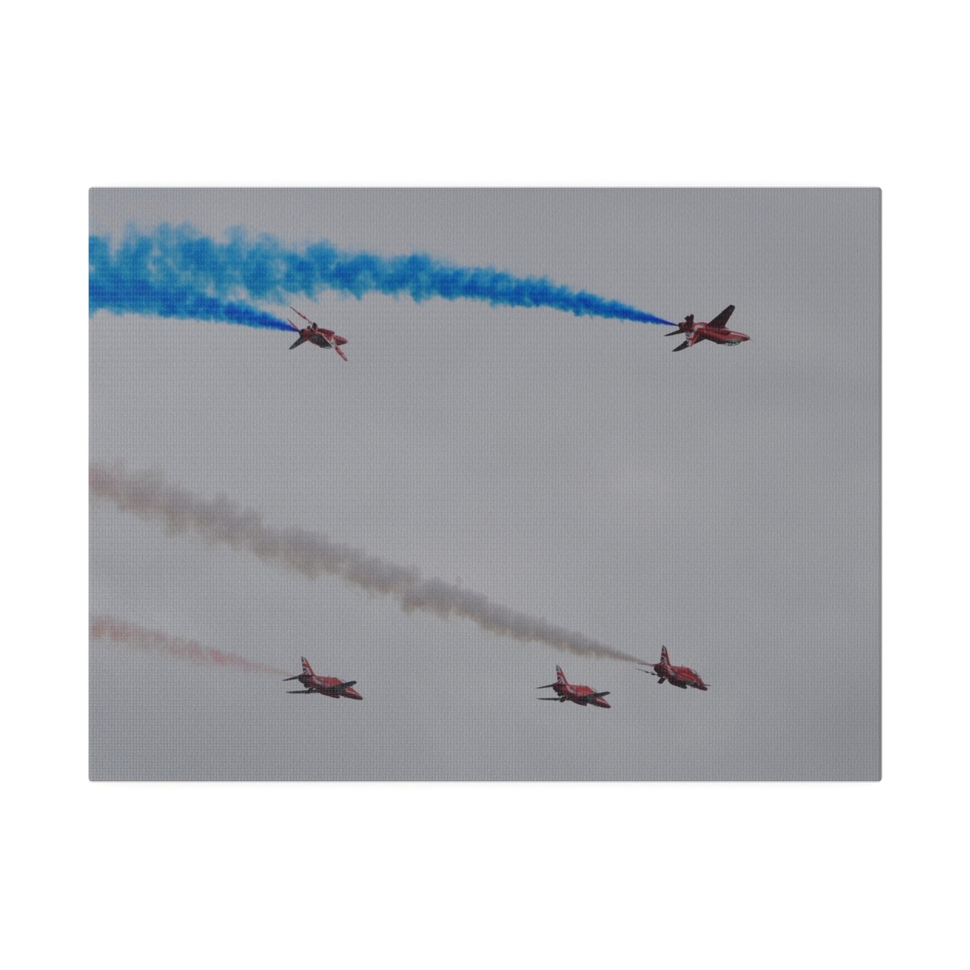 Five Red Arrows Flying From The Left, Three Level With Two Of Them With Blue Smoke And Two Flying Upside Down With Blue Smoke Rear View, Matte Canvas, Stretched, 0.75" - The Trio Synergize Group