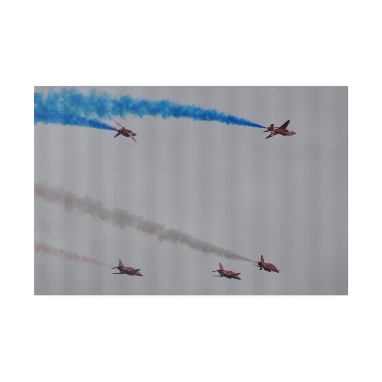 Five Red Arrows Flying From The Left, Three Level With Two Of Them With Blue Smoke And Two Flying Upside Down With Blue Smoke Rear View, Matte Canvas, Stretched, 0.75" - The Trio Synergize Group