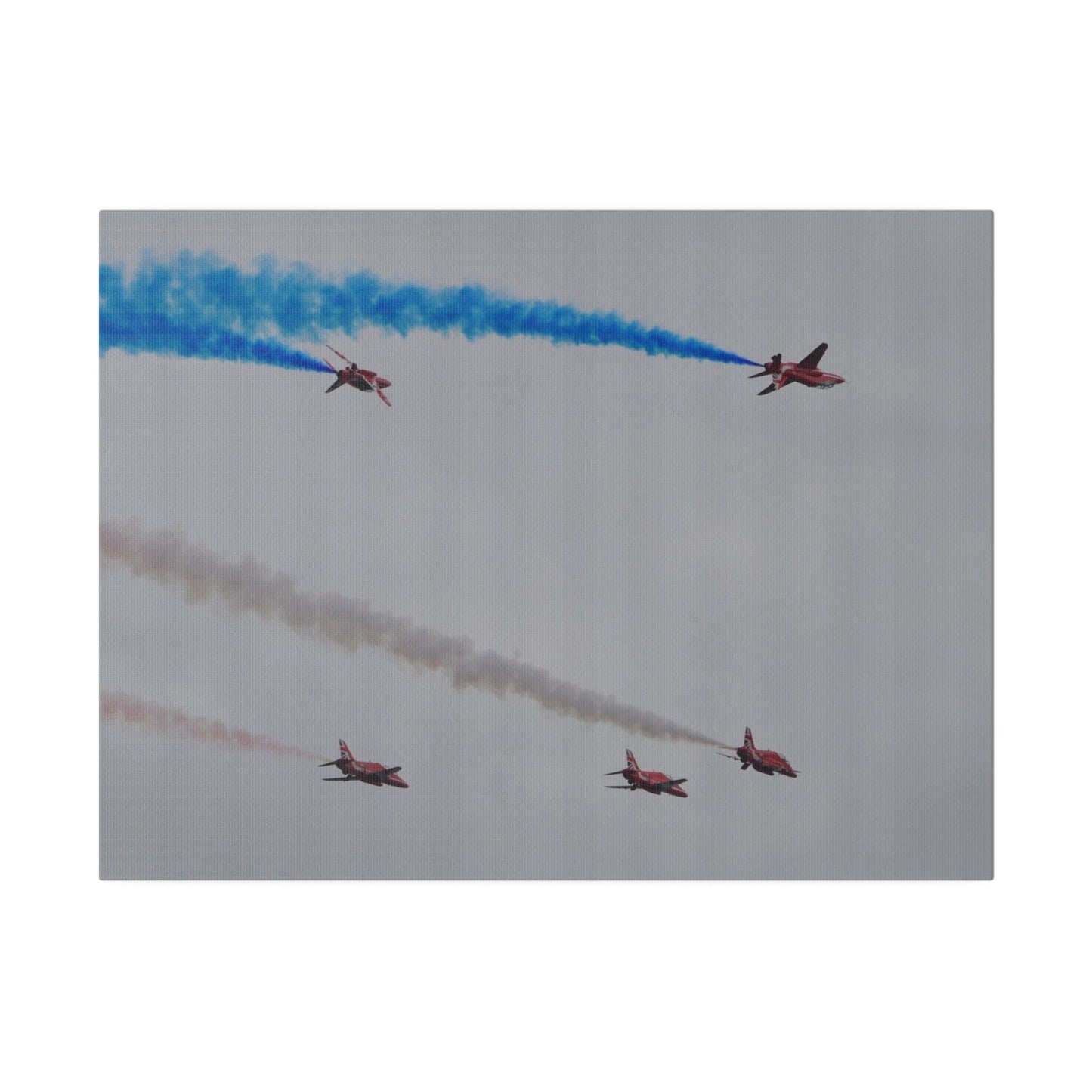 Five Red Arrows Flying From The Left, Three Level With Two Of Them With Blue Smoke And Two Flying Upside Down With Blue Smoke Rear View, Matte Canvas, Stretched, 0.75" - The Trio Synergize Group