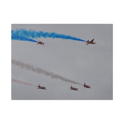 Five Red Arrows Flying From The Left, Three Level With Two Of Them With Blue Smoke And Two Flying Upside Down With Blue Smoke Rear View, Matte Canvas, Stretched, 0.75" - The Trio Synergize Group