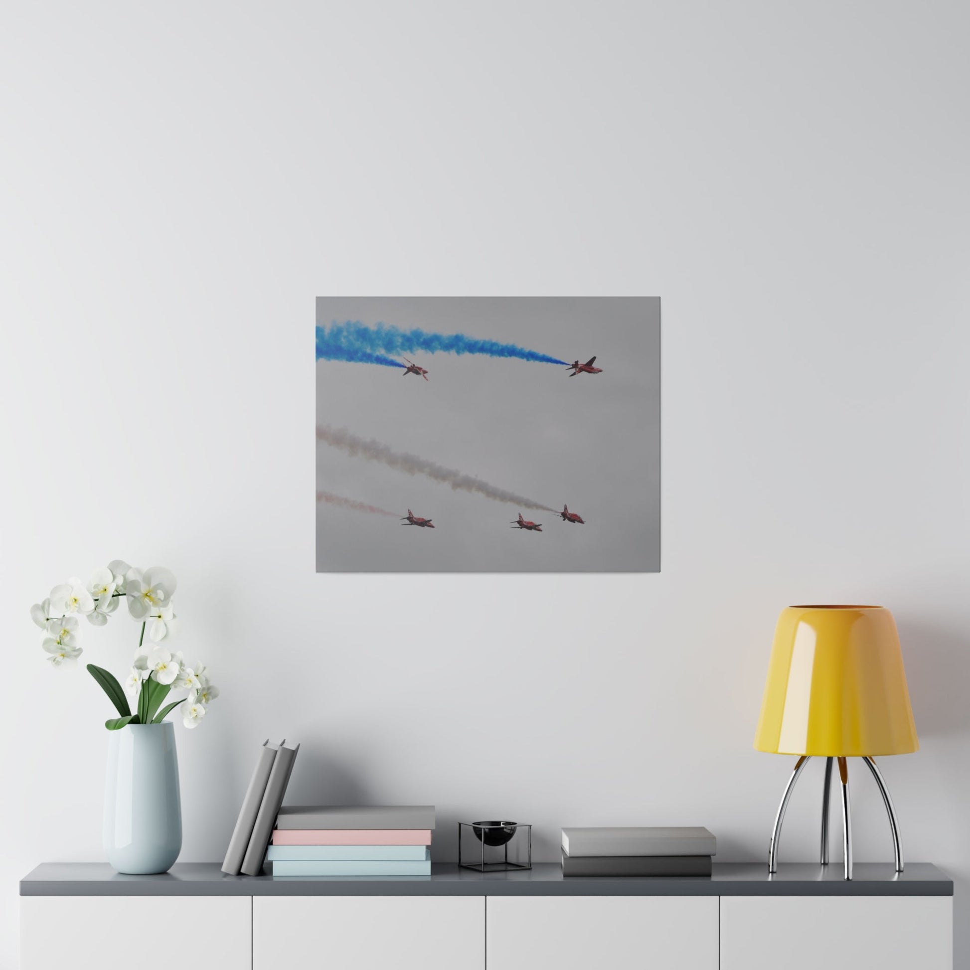 Five Red Arrows Flying From The Left, Three Level With Two Of Them With Blue Smoke And Two Flying Upside Down With Blue Smoke Rear View, Matte Canvas, Stretched, 0.75" - The Trio Synergize Group
