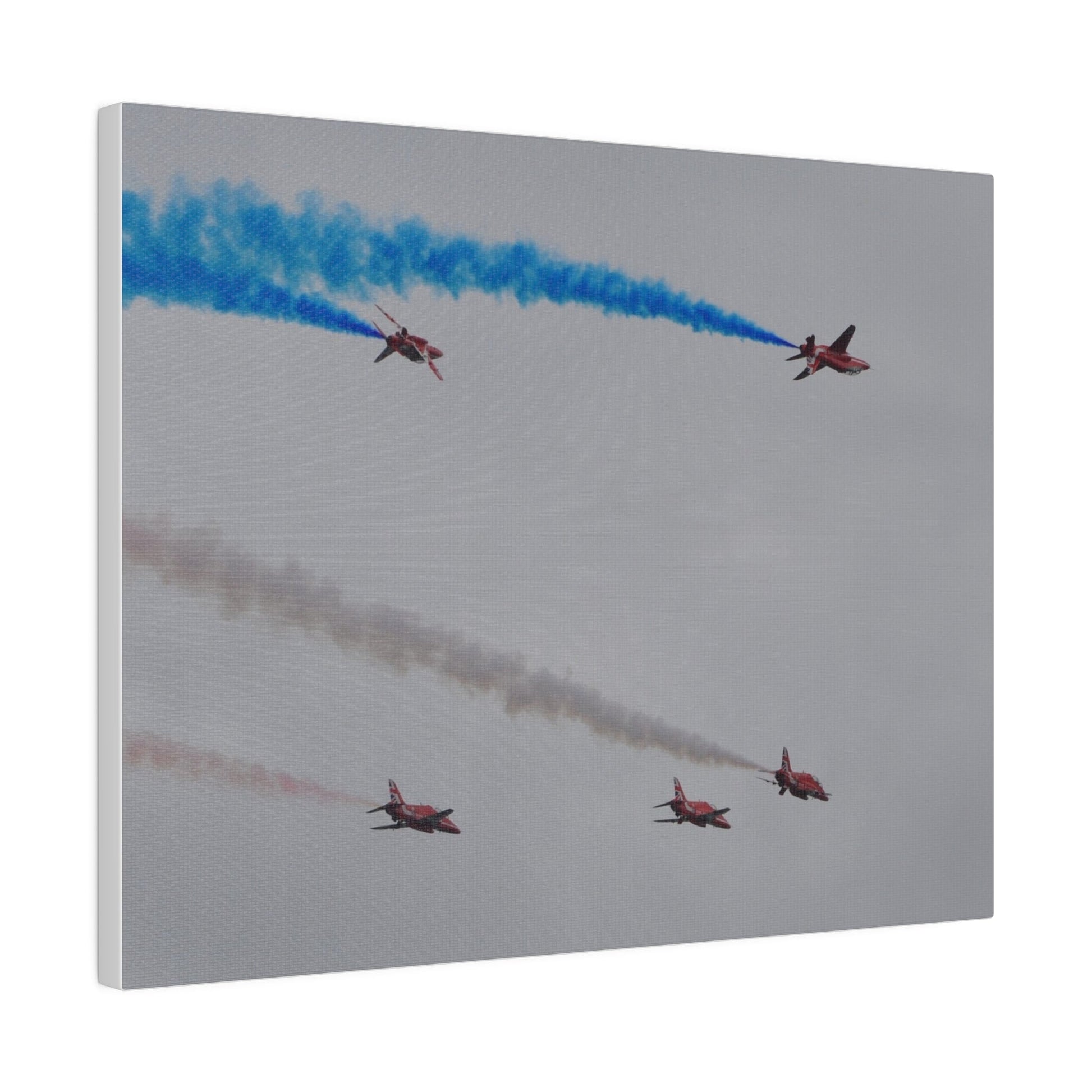 Five Red Arrows Flying From The Left, Three Level With Two Of Them With Blue Smoke And Two Flying Upside Down With Blue Smoke Rear View, Matte Canvas, Stretched, 0.75" - The Trio Synergize Group
