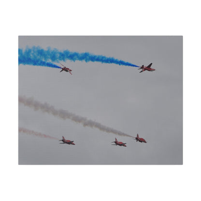 Five Red Arrows Flying From The Left, Three Level With Two Of Them With Blue Smoke And Two Flying Upside Down With Blue Smoke Rear View, Matte Canvas, Stretched, 0.75" - The Trio Synergize Group