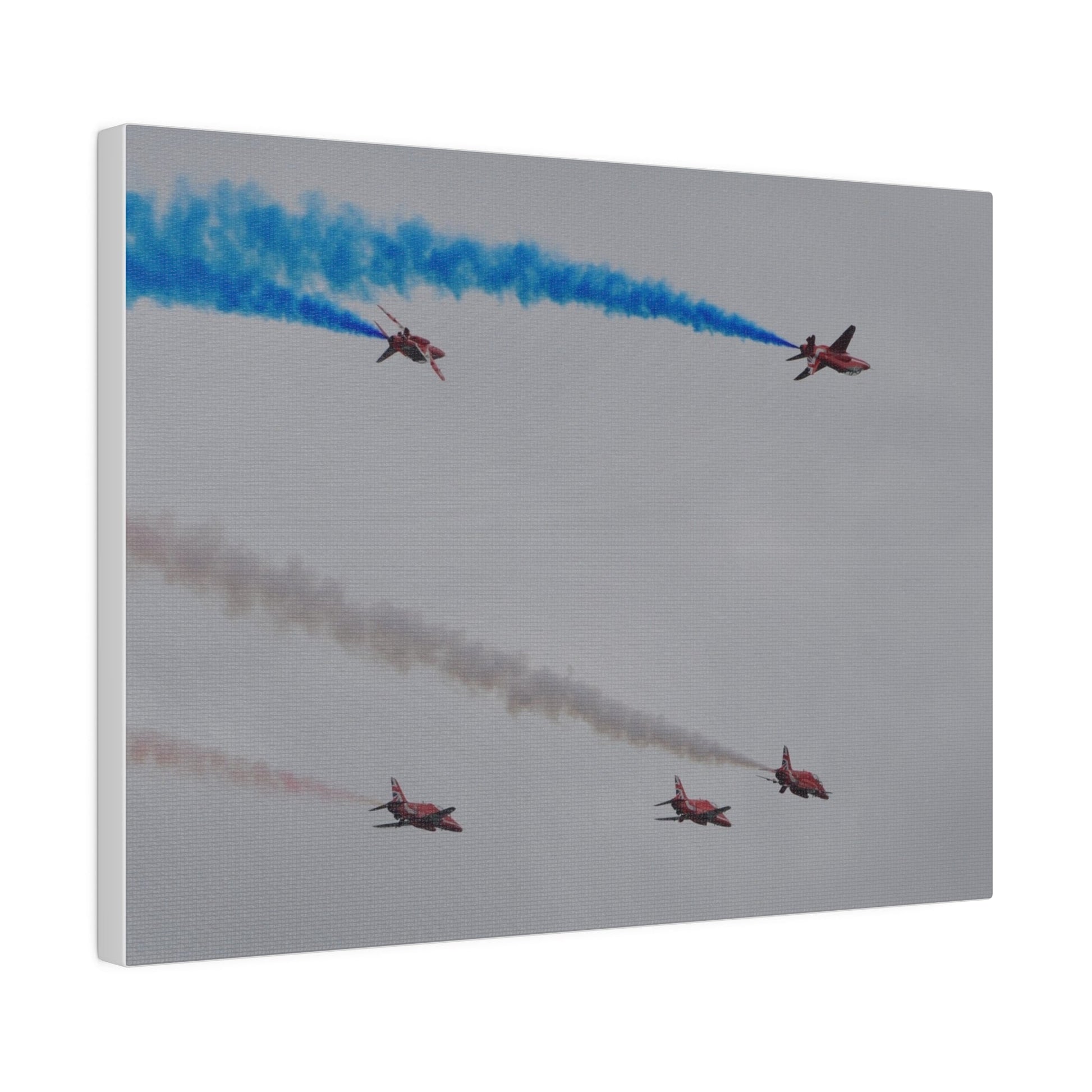 Five Red Arrows Flying From The Left, Three Level With Two Of Them With Blue Smoke And Two Flying Upside Down With Blue Smoke Rear View, Matte Canvas, Stretched, 0.75" - The Trio Synergize Group