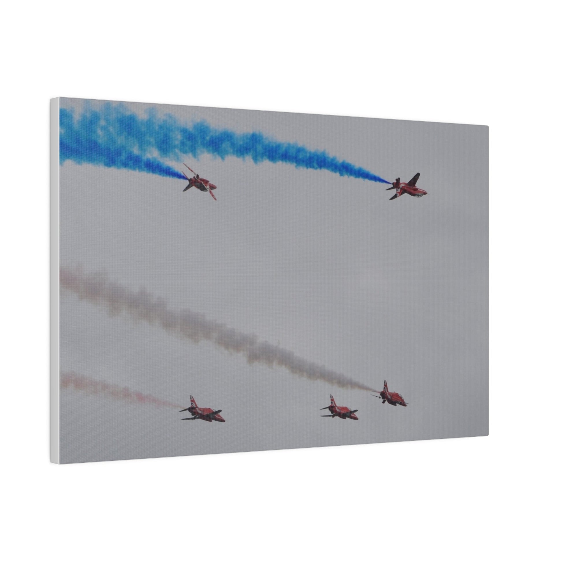 Five Red Arrows Flying From The Left, Three Level With Two Of Them With Blue Smoke And Two Flying Upside Down With Blue Smoke Rear View, Matte Canvas, Stretched, 0.75" - The Trio Synergize Group