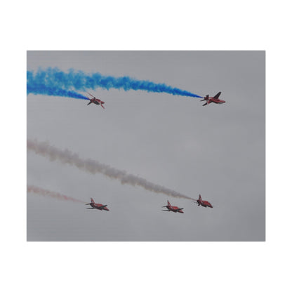 Five Red Arrows Flying From The Left, Three Level With Two Of Them With Blue Smoke And Two Flying Upside Down With Blue Smoke Rear View, Matte Canvas, Stretched, 0.75" - The Trio Synergize Group