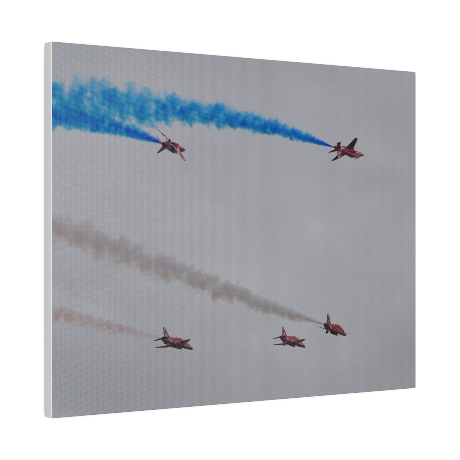 Five Red Arrows Flying From The Left, Three Level With Two Of Them With Blue Smoke And Two Flying Upside Down With Blue Smoke Rear View, Matte Canvas, Stretched, 0.75" - The Trio Synergize Group