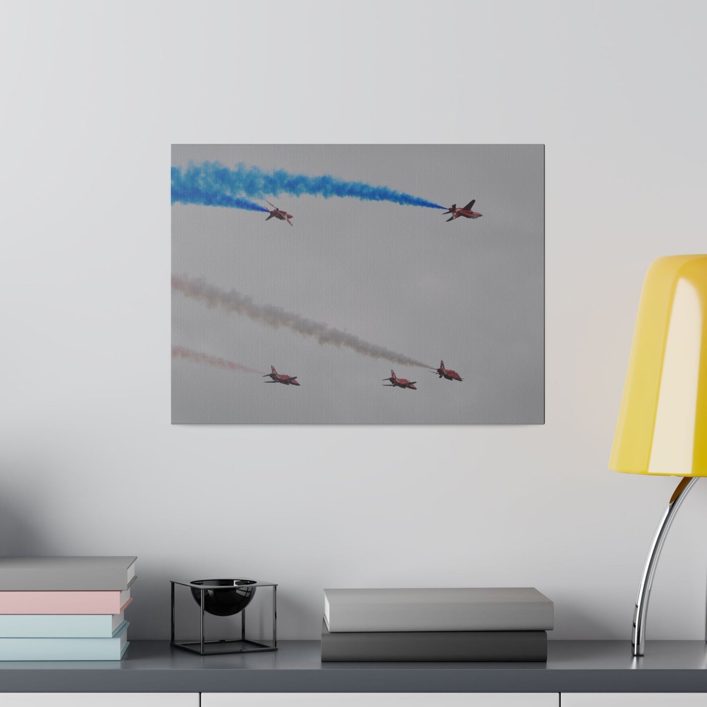 Five Red Arrows Flying From The Left, Three Level With Two Of Them With Blue Smoke And Two Flying Upside Down With Blue Smoke Rear View, Matte Canvas, Stretched, 0.75" - The Trio Synergize Group