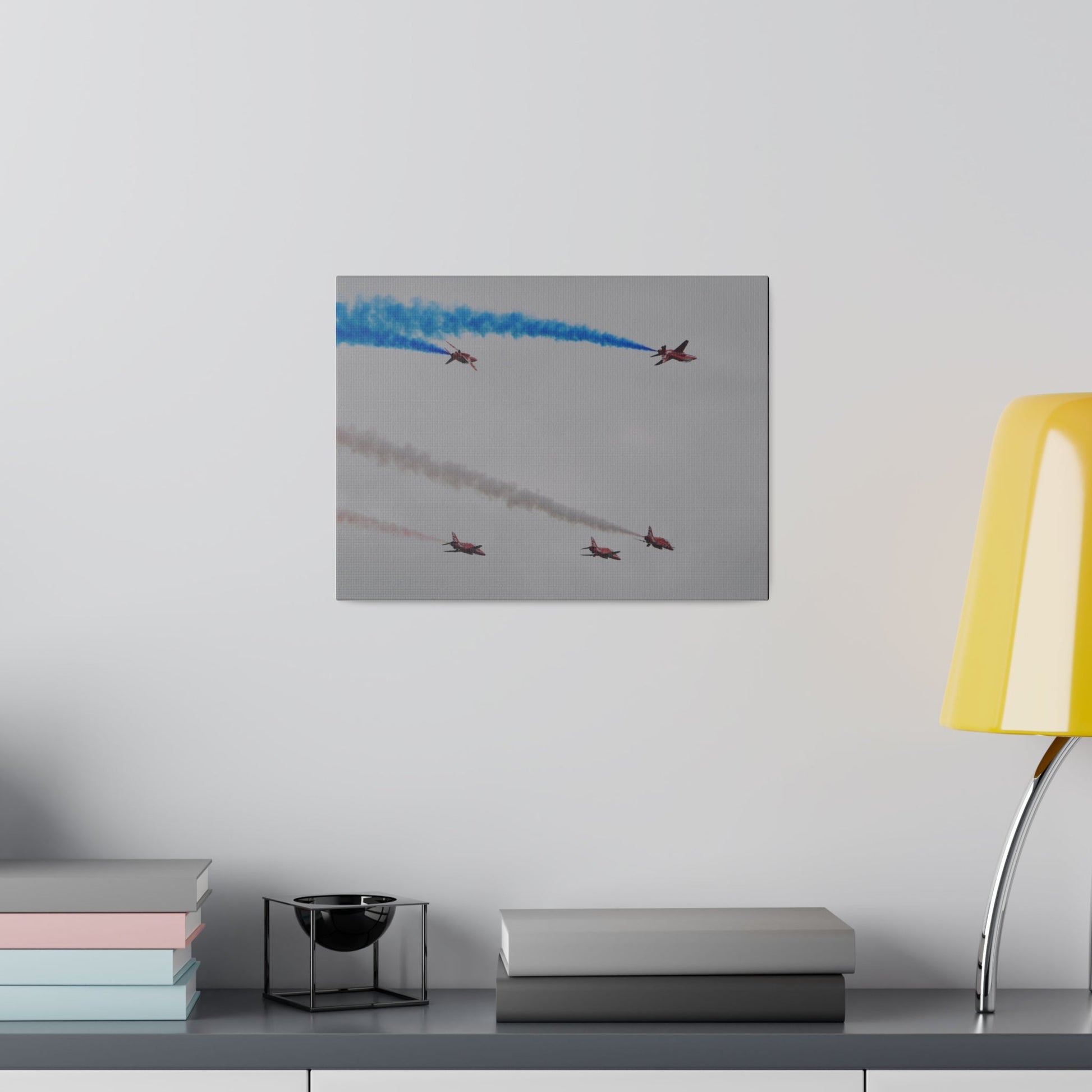 Five Red Arrows Flying From The Left, Three Level With Two Of Them With Blue Smoke And Two Flying Upside Down With Blue Smoke Rear View, Matte Canvas, Stretched, 0.75" - The Trio Synergize Group
