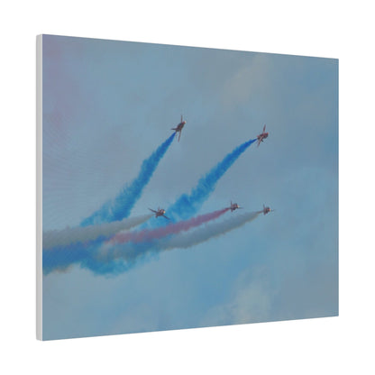 Five Red Arrows Flying From The Left With White, Blue And Red Smoke With Two Flying Sideways, Matte Canvas, Stretched, 0.75" - The Trio Synergize Group