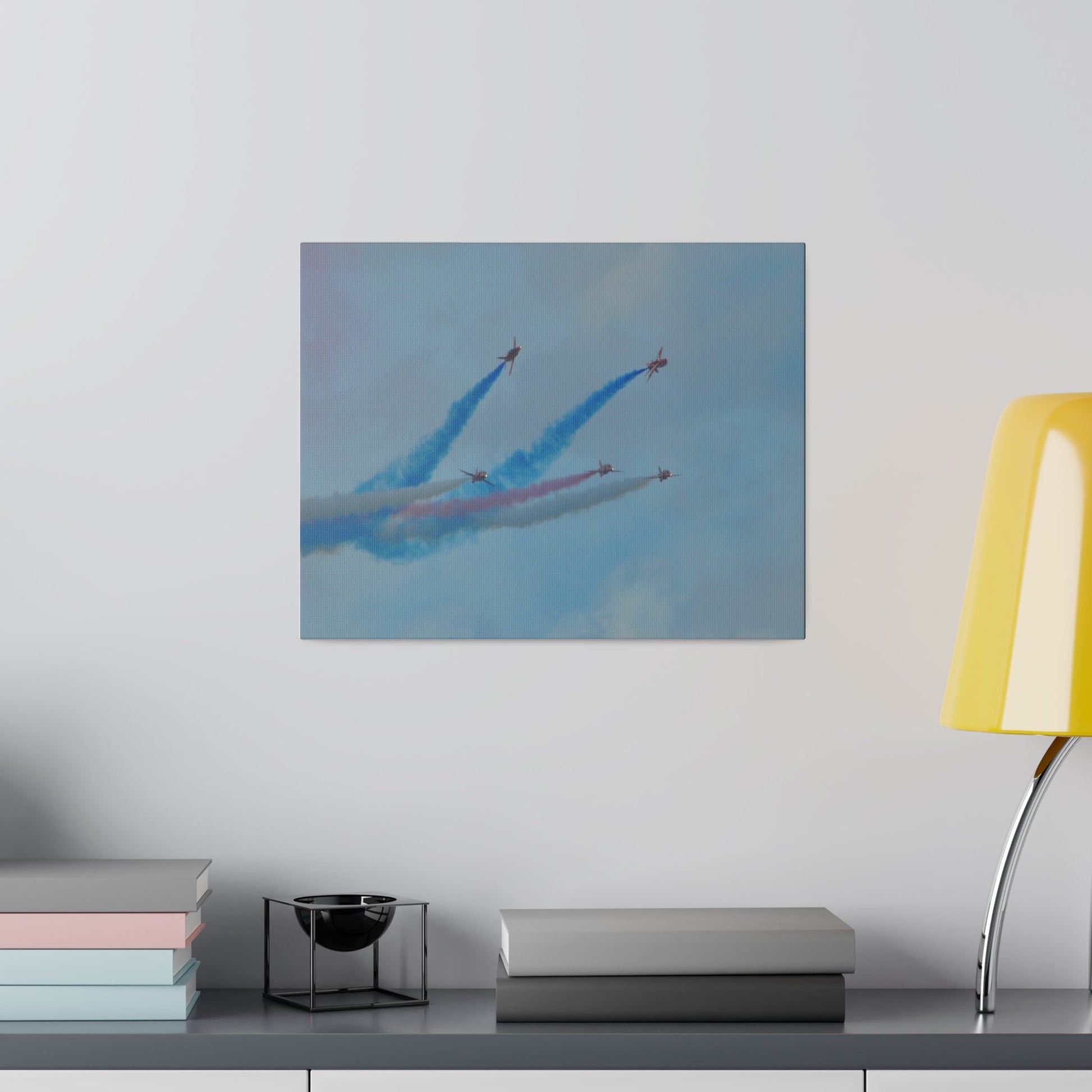 Five Red Arrows Flying From The Left With White, Blue And Red Smoke With Two Flying Sideways, Matte Canvas, Stretched, 0.75" - The Trio Synergize Group
