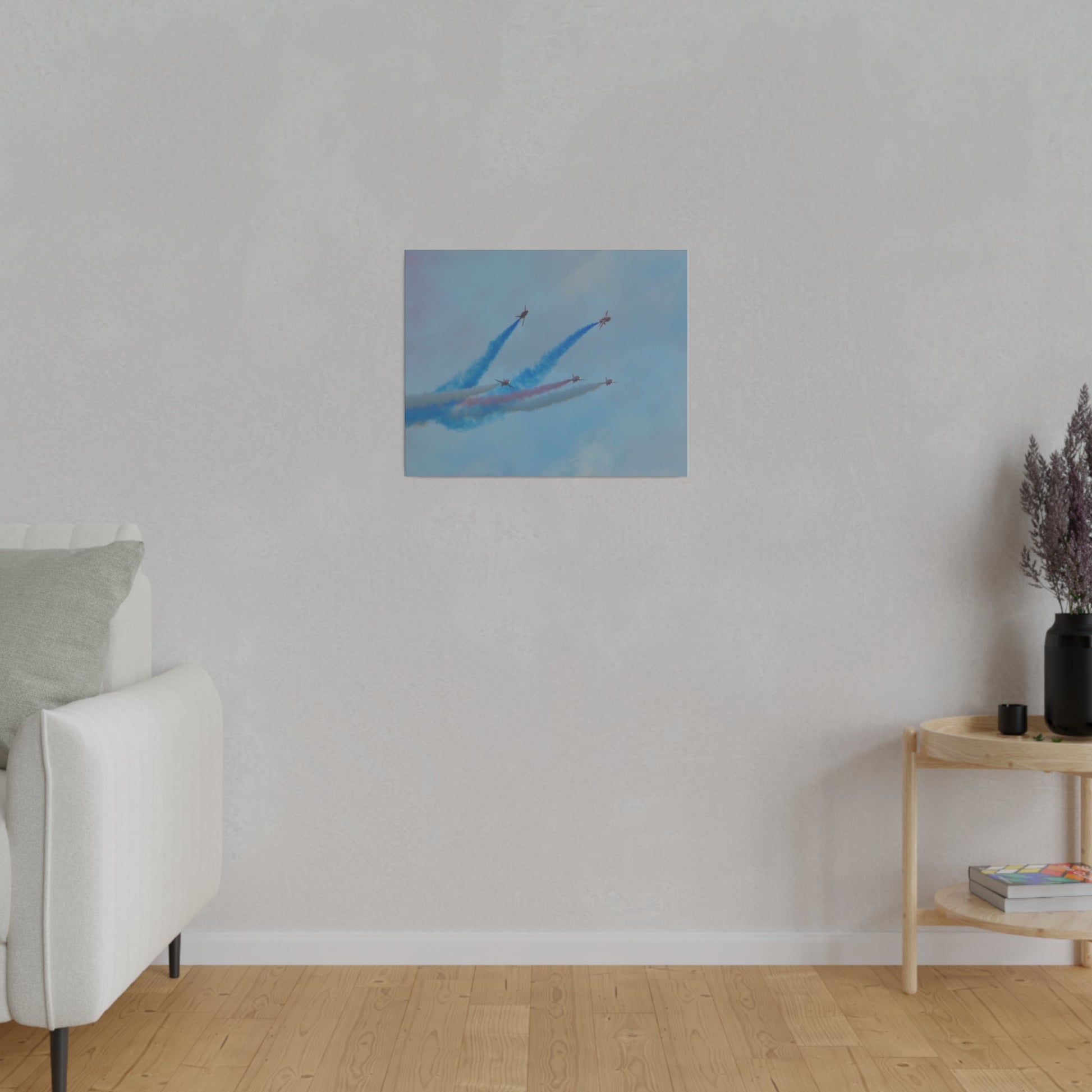 Five Red Arrows Flying From The Left With White, Blue And Red Smoke With Two Flying Sideways, Matte Canvas, Stretched, 0.75" - The Trio Synergize Group
