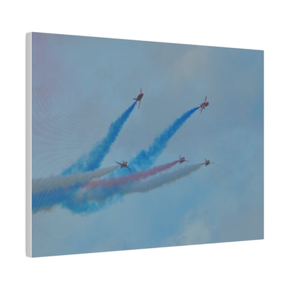 Five Red Arrows Flying From The Left With White, Blue And Red Smoke With Two Flying Sideways, Matte Canvas, Stretched, 0.75" - The Trio Synergize Group