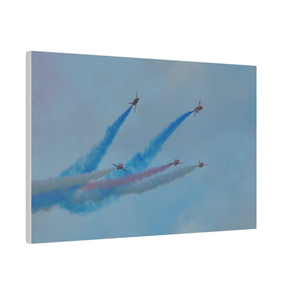 Five Red Arrows Flying From The Left With White, Blue And Red Smoke With Two Flying Sideways, Matte Canvas, Stretched, 0.75" - The Trio Synergize Group
