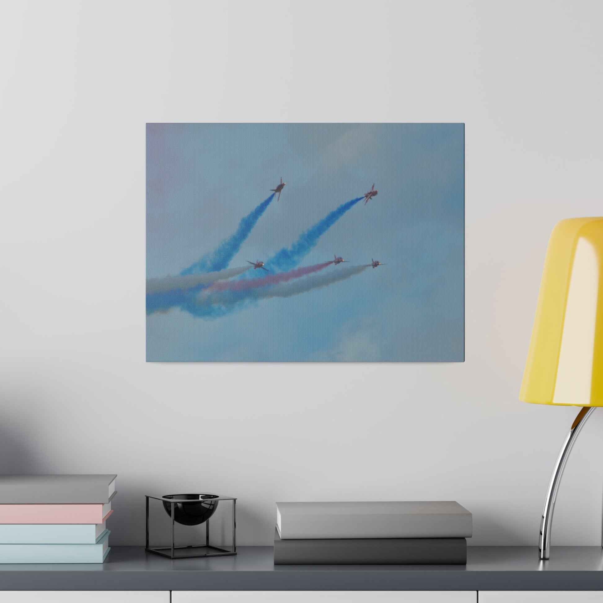 Five Red Arrows Flying From The Left With White, Blue And Red Smoke With Two Flying Sideways, Matte Canvas, Stretched, 0.75" - The Trio Synergize Group