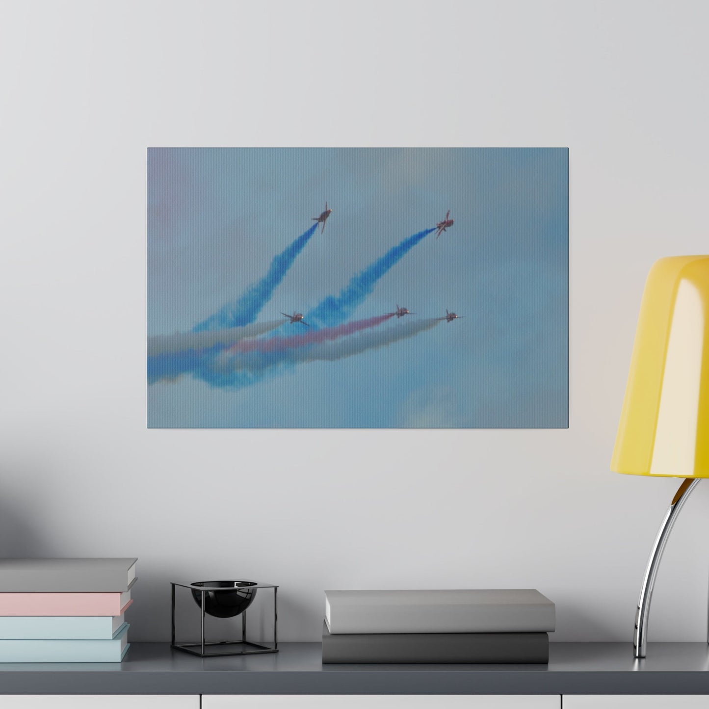 Five Red Arrows Flying From The Left With White, Blue And Red Smoke With Two Flying Sideways, Matte Canvas, Stretched, 0.75" - The Trio Synergize Group