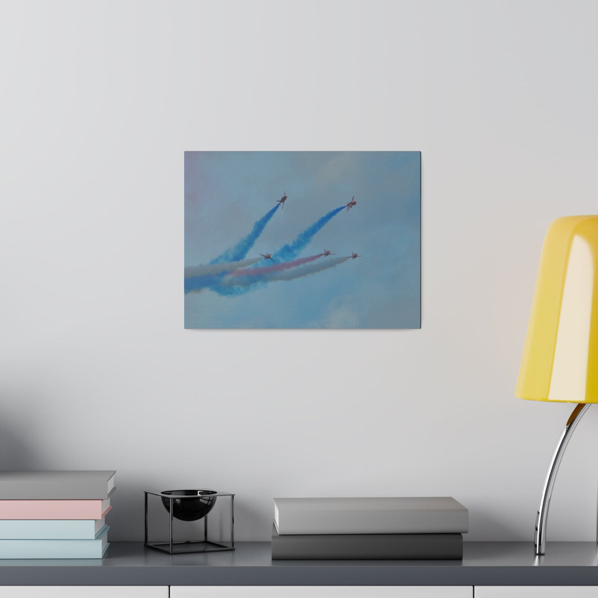 Five Red Arrows Flying From The Left With White, Blue And Red Smoke With Two Flying Sideways, Matte Canvas, Stretched, 0.75" - The Trio Synergize Group