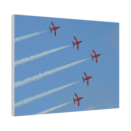 Five Red Arrows Flying From The Left With White Smoke In Formation Ascending Close Up, Matte Canvas, Stretched, 0.75" - The Trio Synergize Group