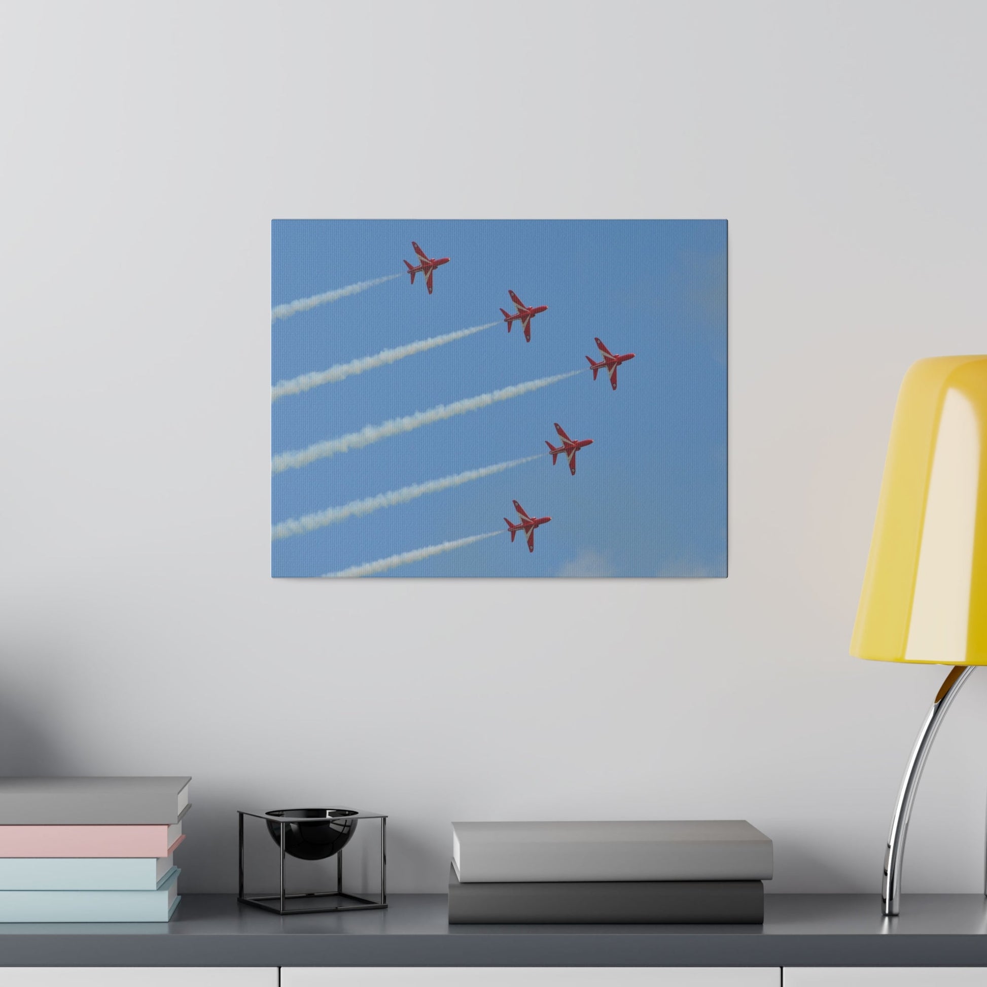 Five Red Arrows Flying From The Left With White Smoke In Formation Ascending Close Up, Matte Canvas, Stretched, 0.75" - The Trio Synergize Group