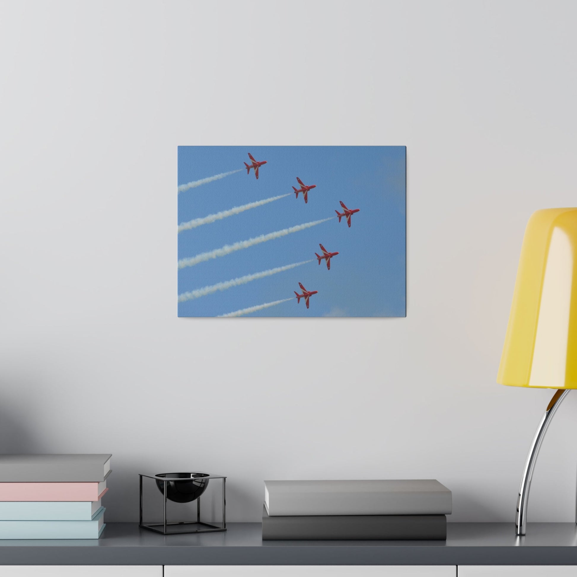 Five Red Arrows Flying From The Left With White Smoke In Formation Ascending Close Up, Matte Canvas, Stretched, 0.75" - The Trio Synergize Group