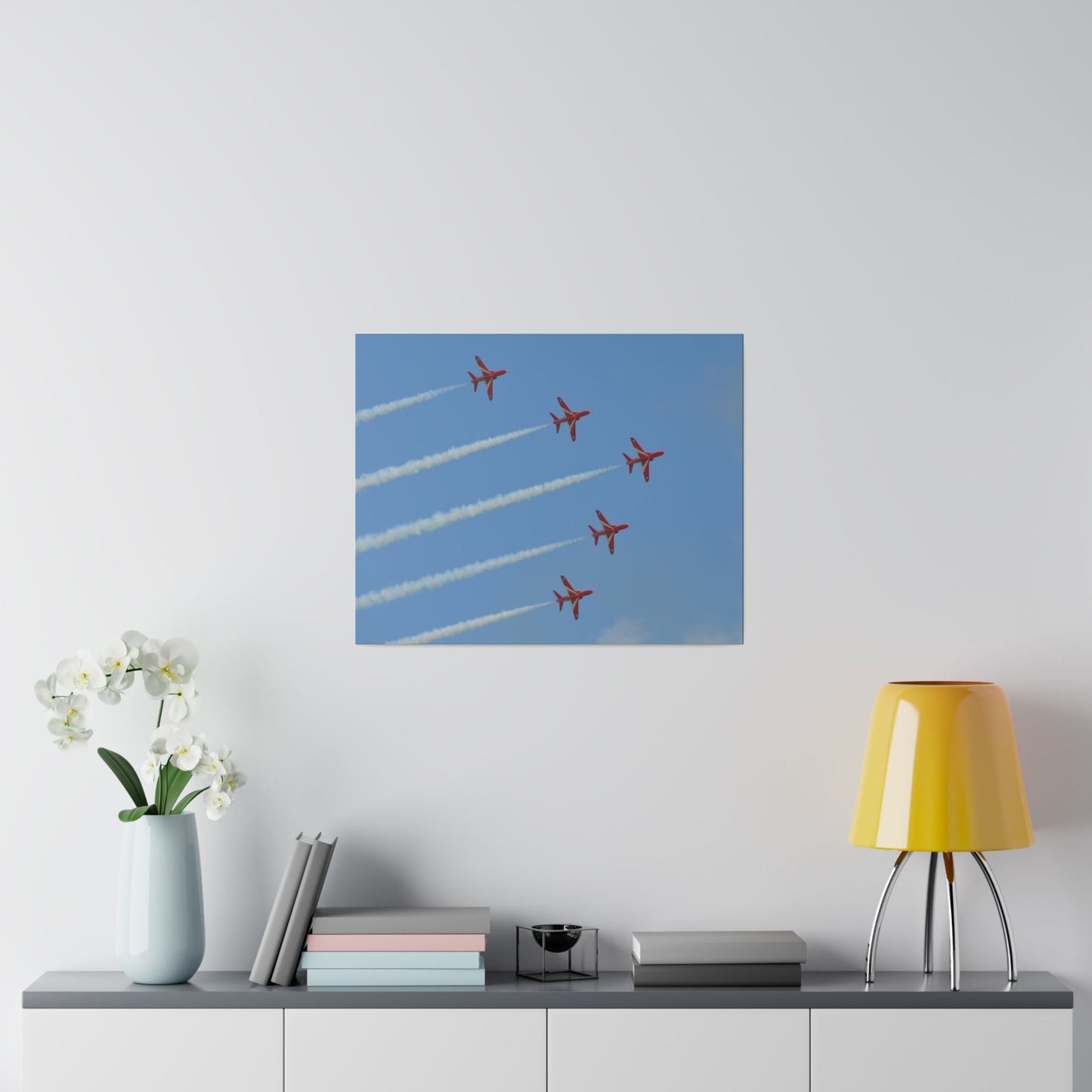 Five Red Arrows Flying From The Left With White Smoke In Formation Ascending Close Up, Matte Canvas, Stretched, 0.75" - The Trio Synergize Group