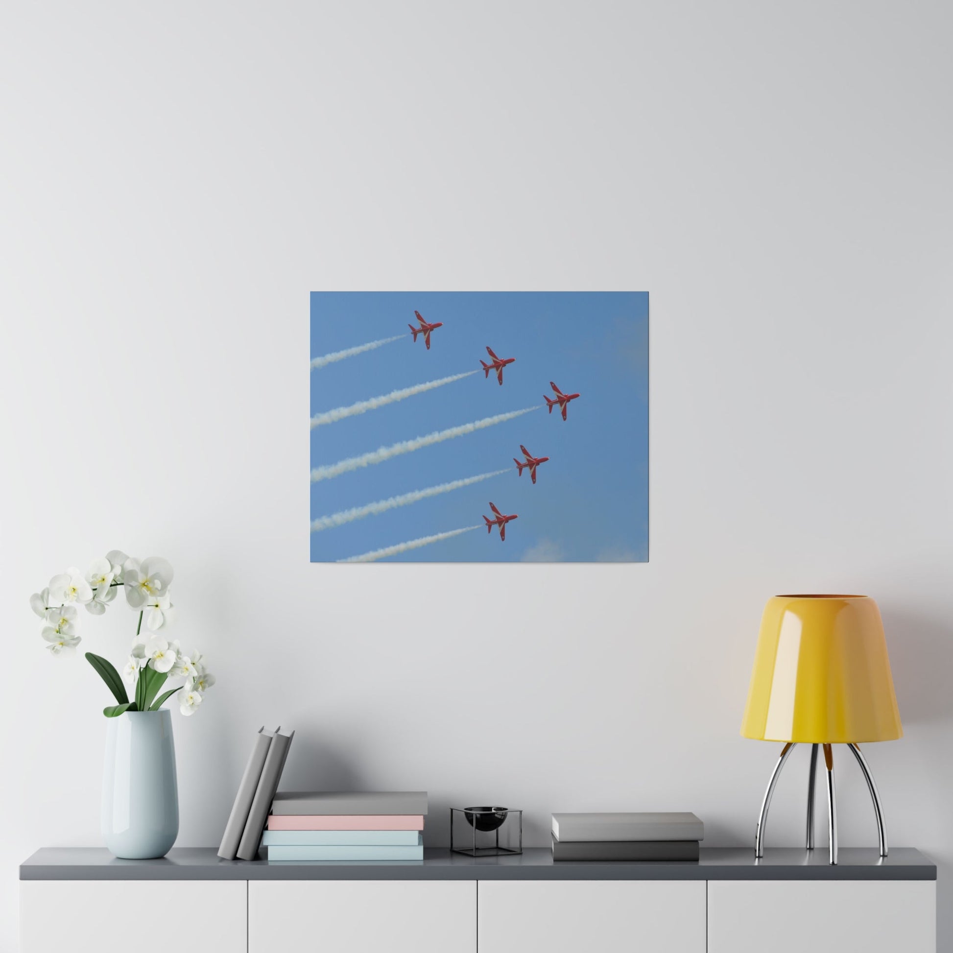 Five Red Arrows Flying From The Left With White Smoke In Formation Ascending Close Up, Matte Canvas, Stretched, 0.75" - The Trio Synergize Group