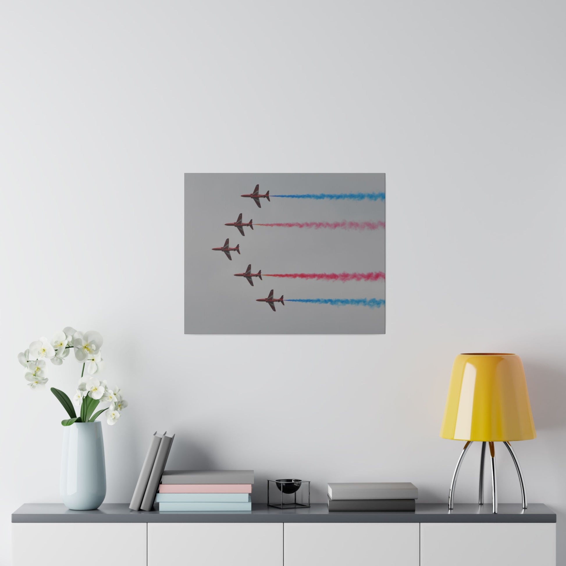 Five Red Arrows Flying From The Right In Formation Sideways, Two With Blue Smoke And Two With Red Smoke, Matte Canvas, Stretched, 0.75" - The Trio Synergize Group