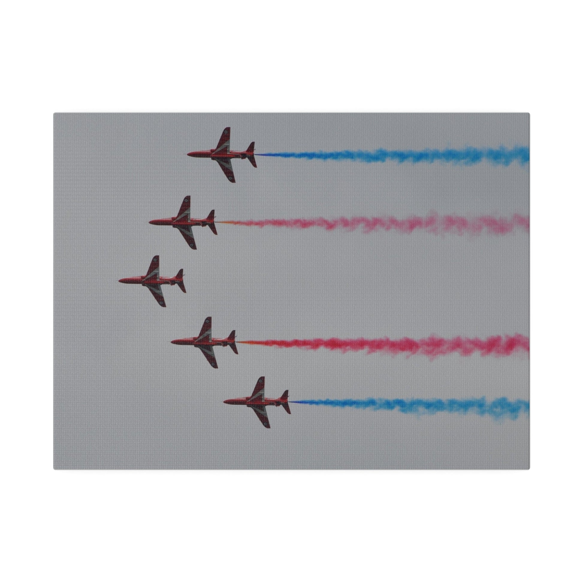 Five Red Arrows Flying From The Right In Formation Sideways, Two With Blue Smoke And Two With Red Smoke, Matte Canvas, Stretched, 0.75" - The Trio Synergize Group