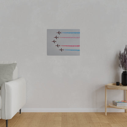 Five Red Arrows Flying From The Right In Formation Sideways, Two With Blue Smoke And Two With Red Smoke, Matte Canvas, Stretched, 0.75" - The Trio Synergize Group