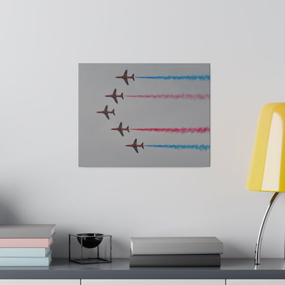 Five Red Arrows Flying From The Right In Formation Sideways, Two With Blue Smoke And Two With Red Smoke, Matte Canvas, Stretched, 0.75" - The Trio Synergize Group