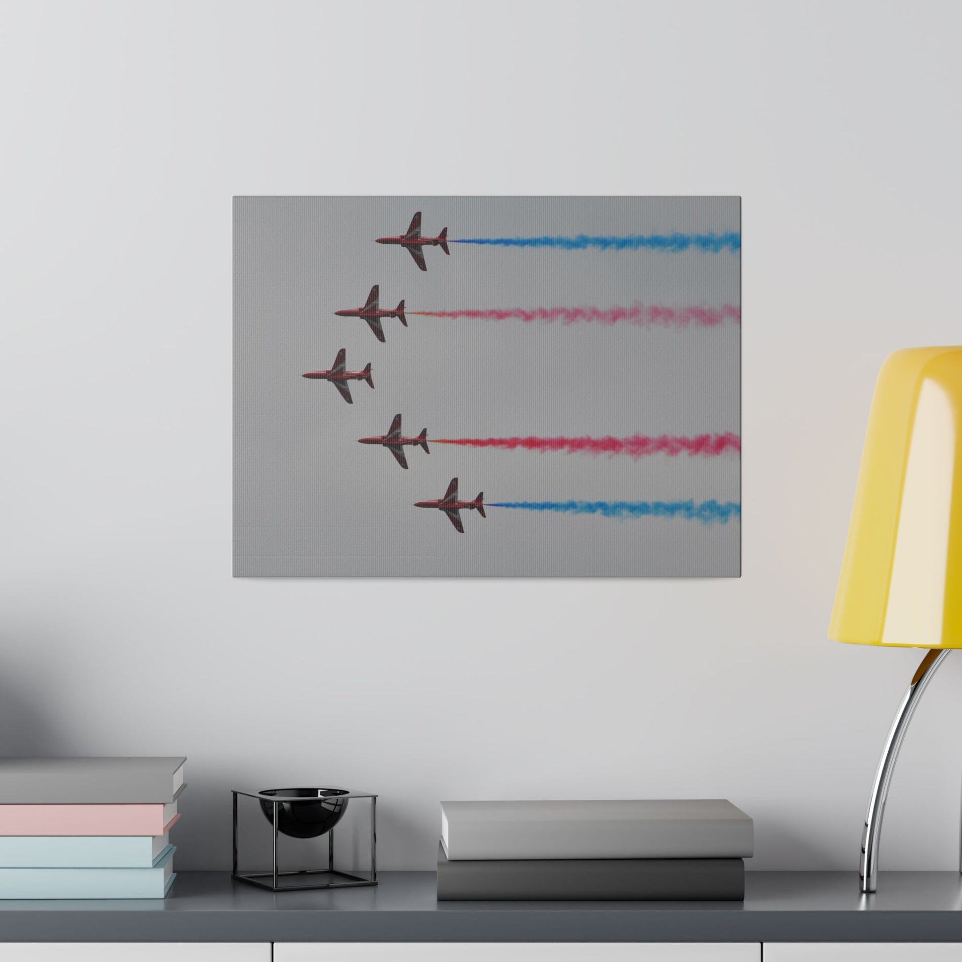 Five Red Arrows Flying From The Right In Formation Sideways, Two With Blue Smoke And Two With Red Smoke, Matte Canvas, Stretched, 0.75" - The Trio Synergize Group