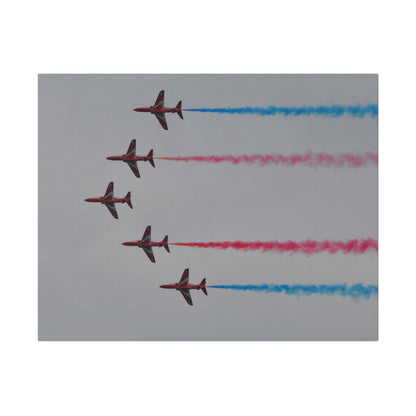 Five Red Arrows Flying From The Right In Formation Sideways, Two With Blue Smoke And Two With Red Smoke, Matte Canvas, Stretched, 0.75" - The Trio Synergize Group