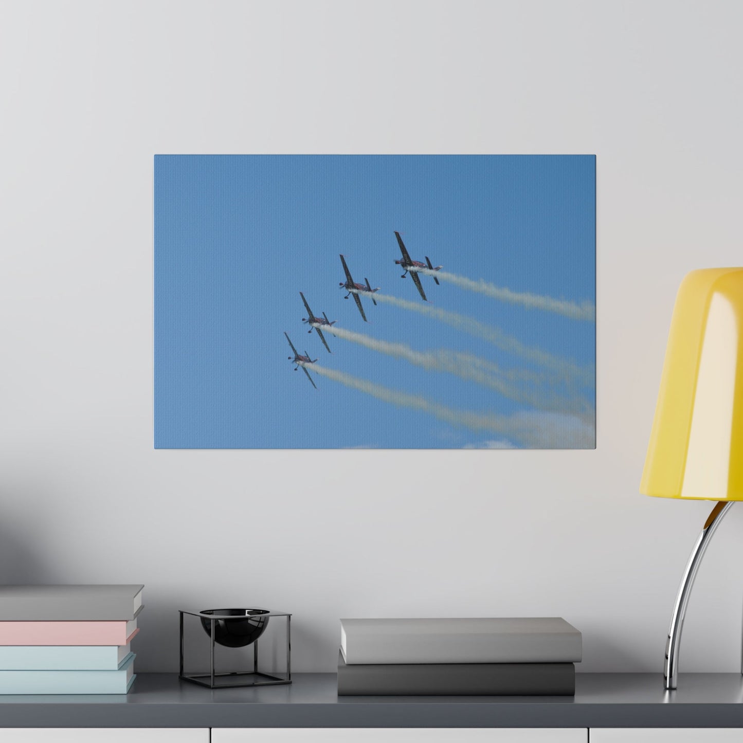 Four Blades Flying From The Right With Smoke In Formation, Matte Canvas, Stretched, 0.75" - The Trio Synergize Group