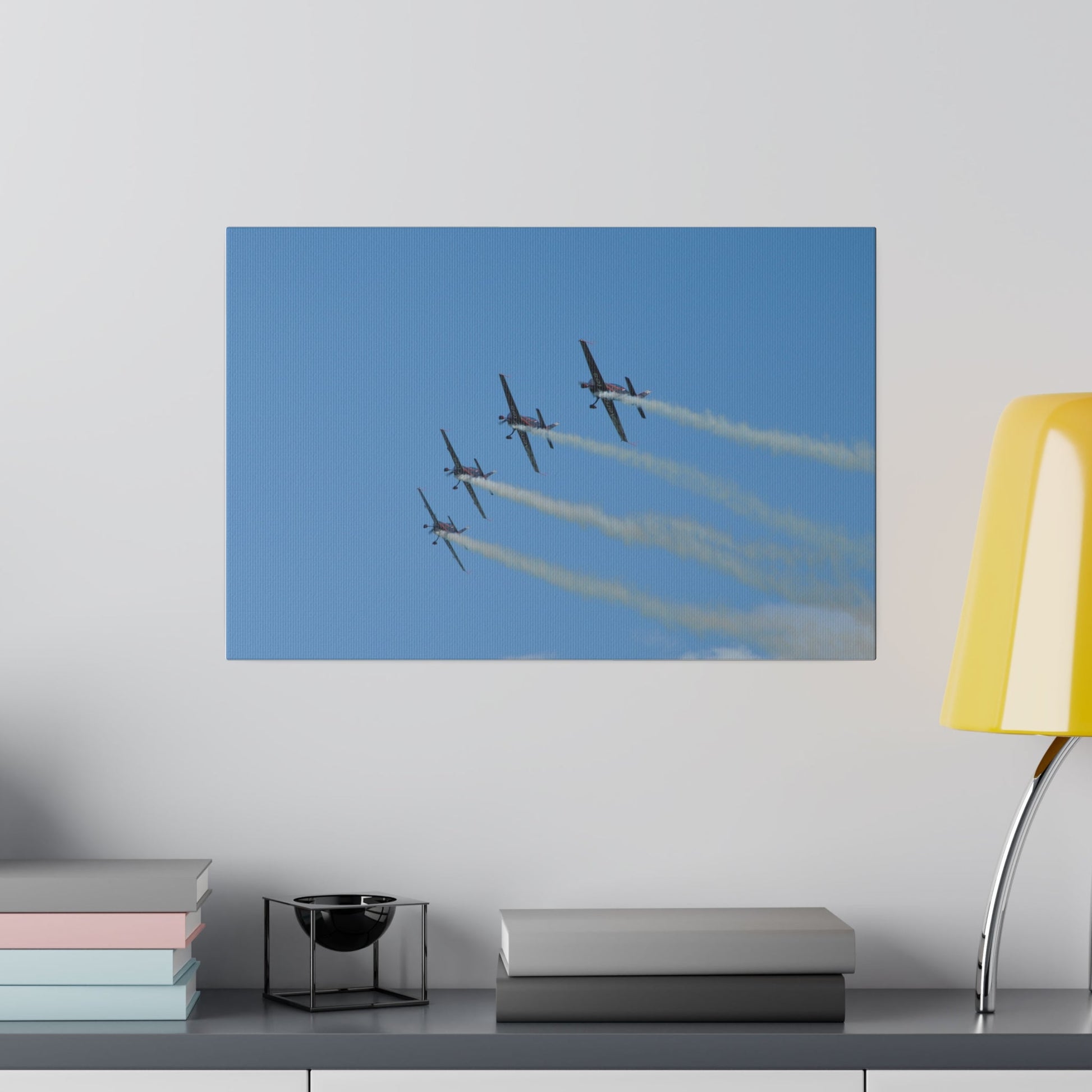 Four Blades Flying From The Right With Smoke In Formation, Matte Canvas, Stretched, 0.75" - The Trio Synergize Group