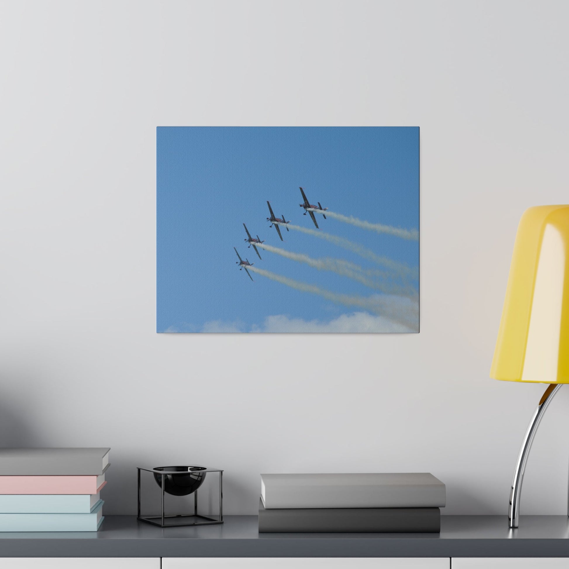 Four Blades Flying From The Right With Smoke In Formation, Matte Canvas, Stretched, 0.75" - The Trio Synergize Group