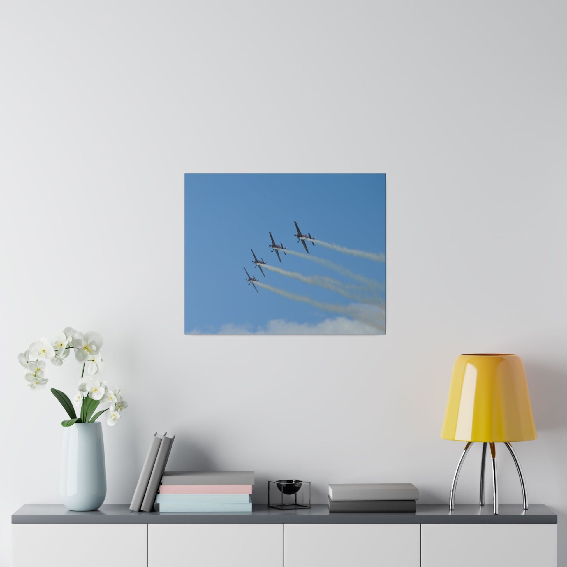 Four Blades Flying From The Right With Smoke In Formation, Matte Canvas, Stretched, 0.75" - The Trio Synergize Group
