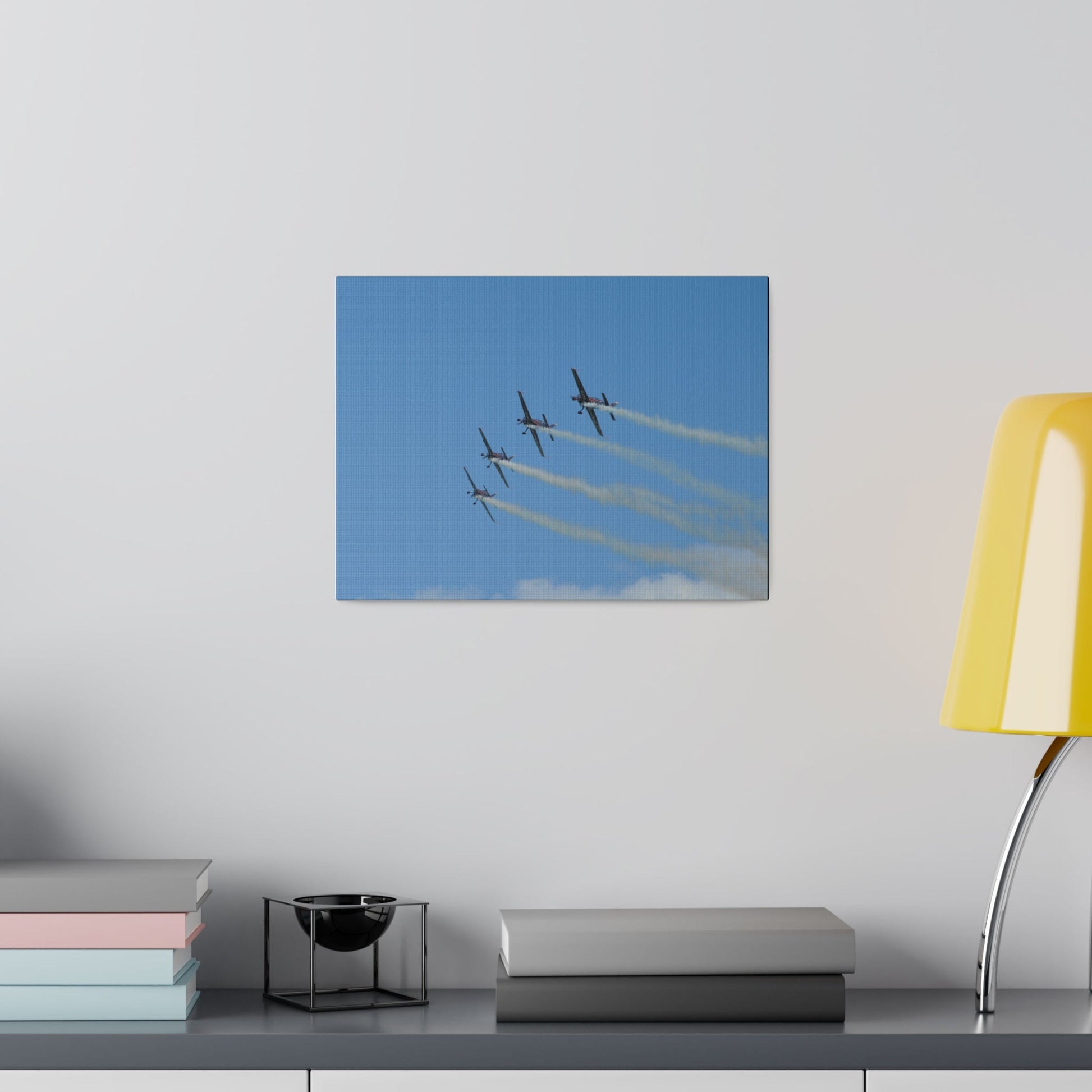 Four Blades Flying From The Right With Smoke In Formation, Matte Canvas, Stretched, 0.75" - The Trio Synergize Group