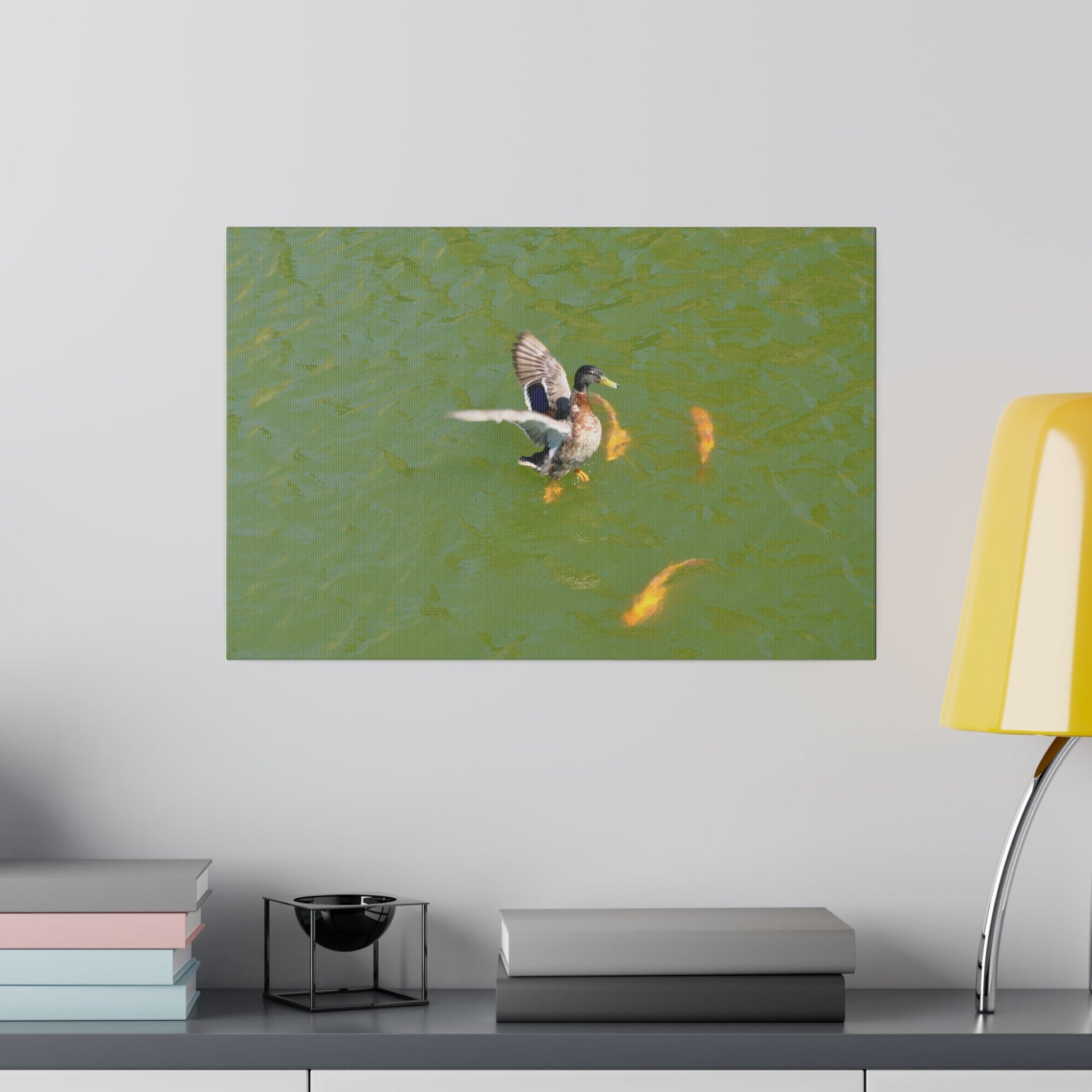 Male Duck Flapping It's Wings And Fish Canvas - The Trio Synergize Group