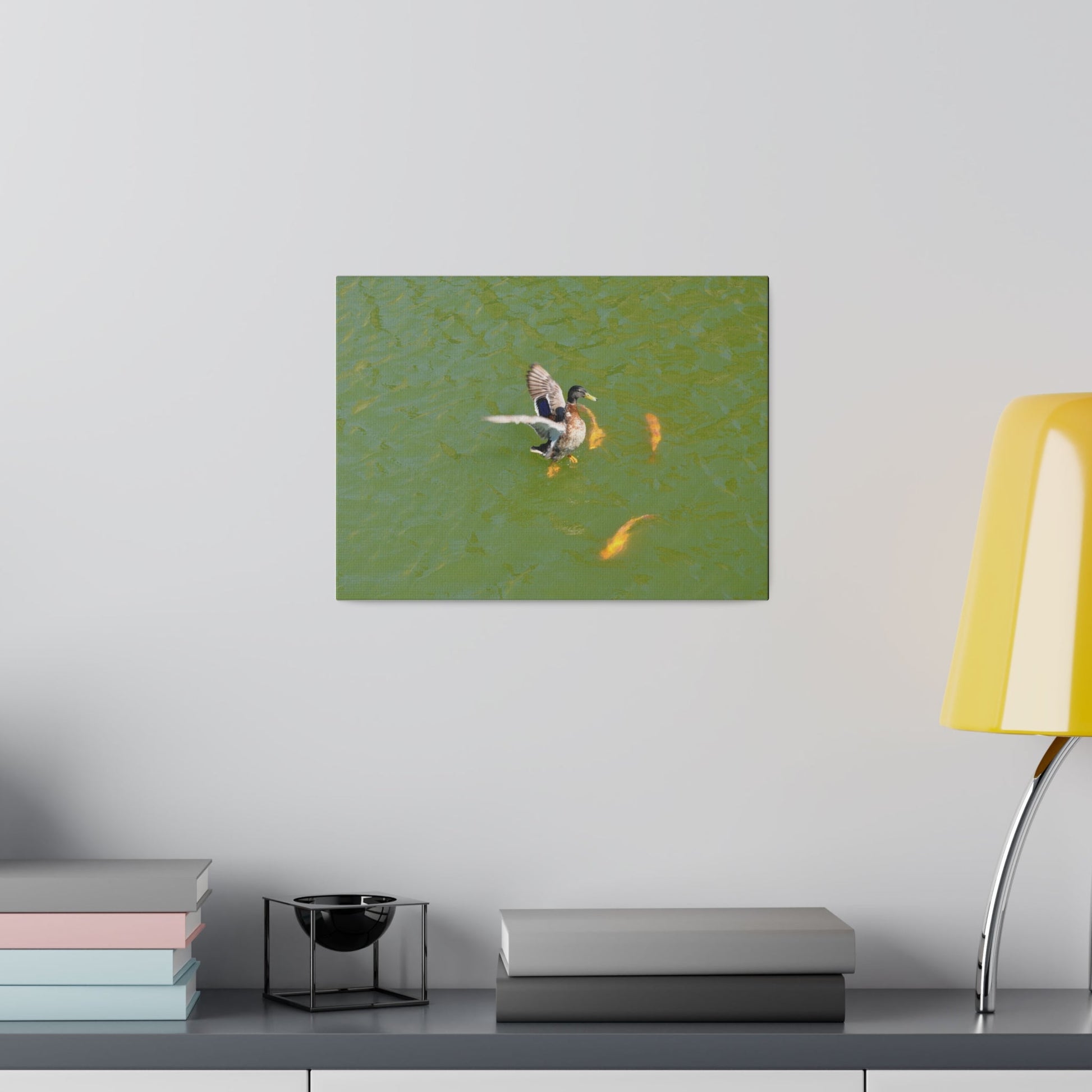 Male Duck Flapping It's Wings And Fish Canvas - The Trio Synergize Group
