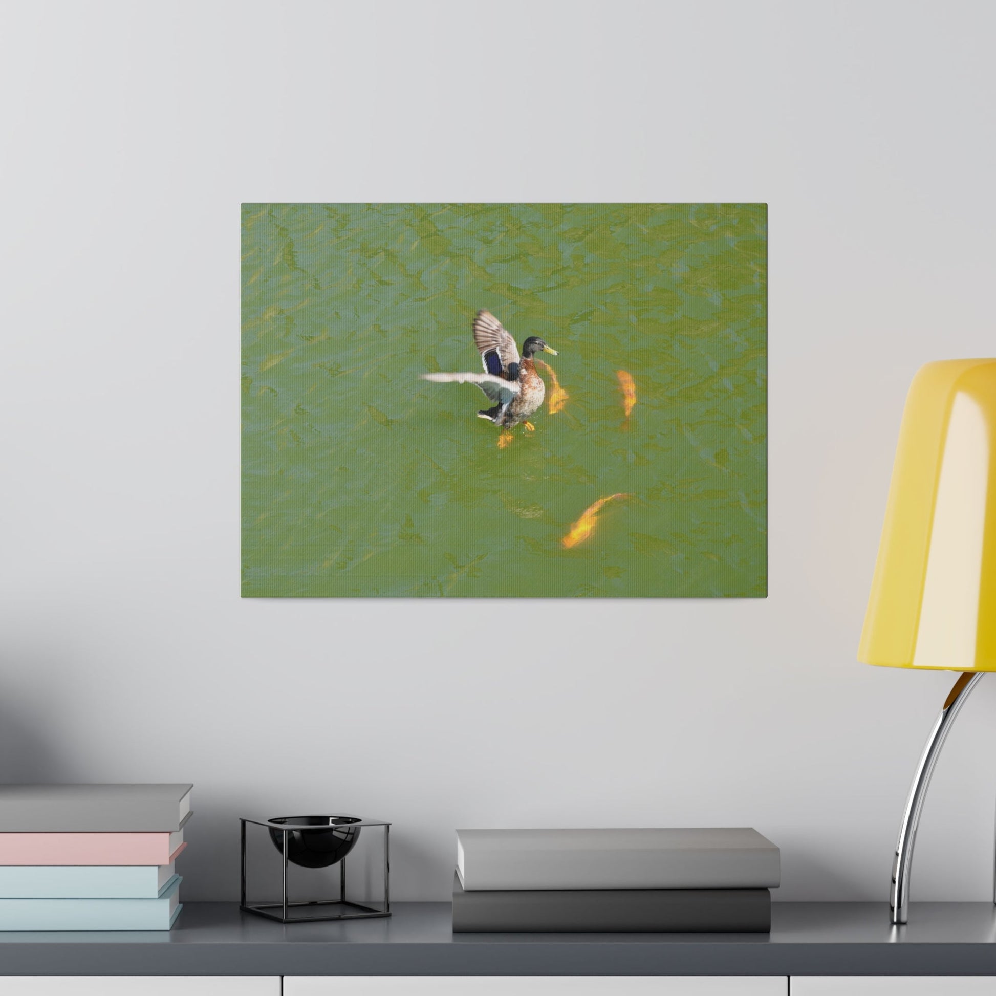 Male Duck Flapping It's Wings And Fish Canvas - The Trio Synergize Group