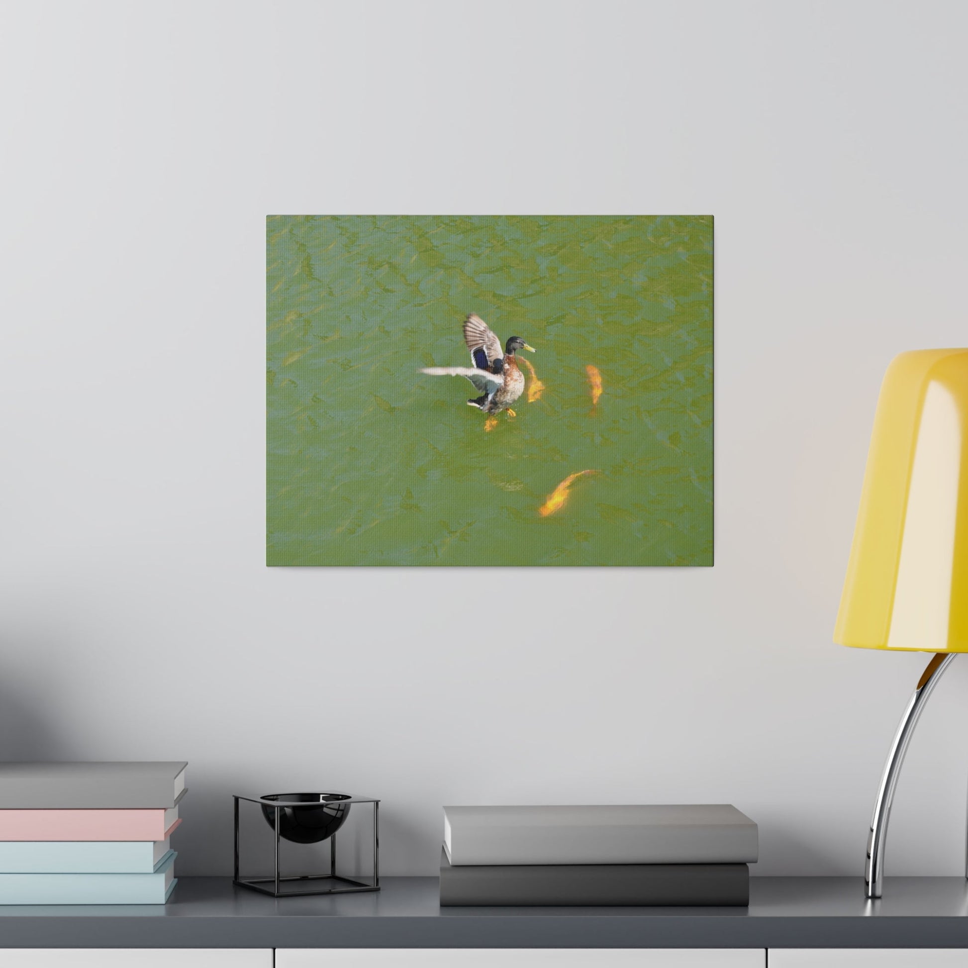Male Duck Flapping It's Wings And Fish Canvas - The Trio Synergize Group