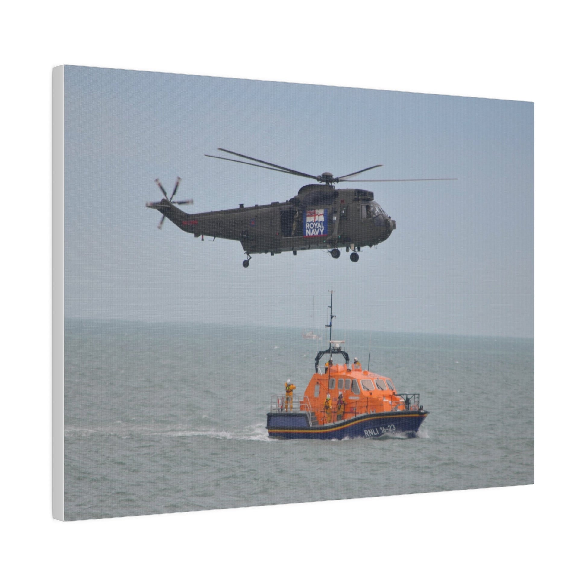 Sea King Helicopter Hovering Over An RNLI Lifeboat, Matte Canvas, Stretched, 0.75" - The Trio Synergize Group