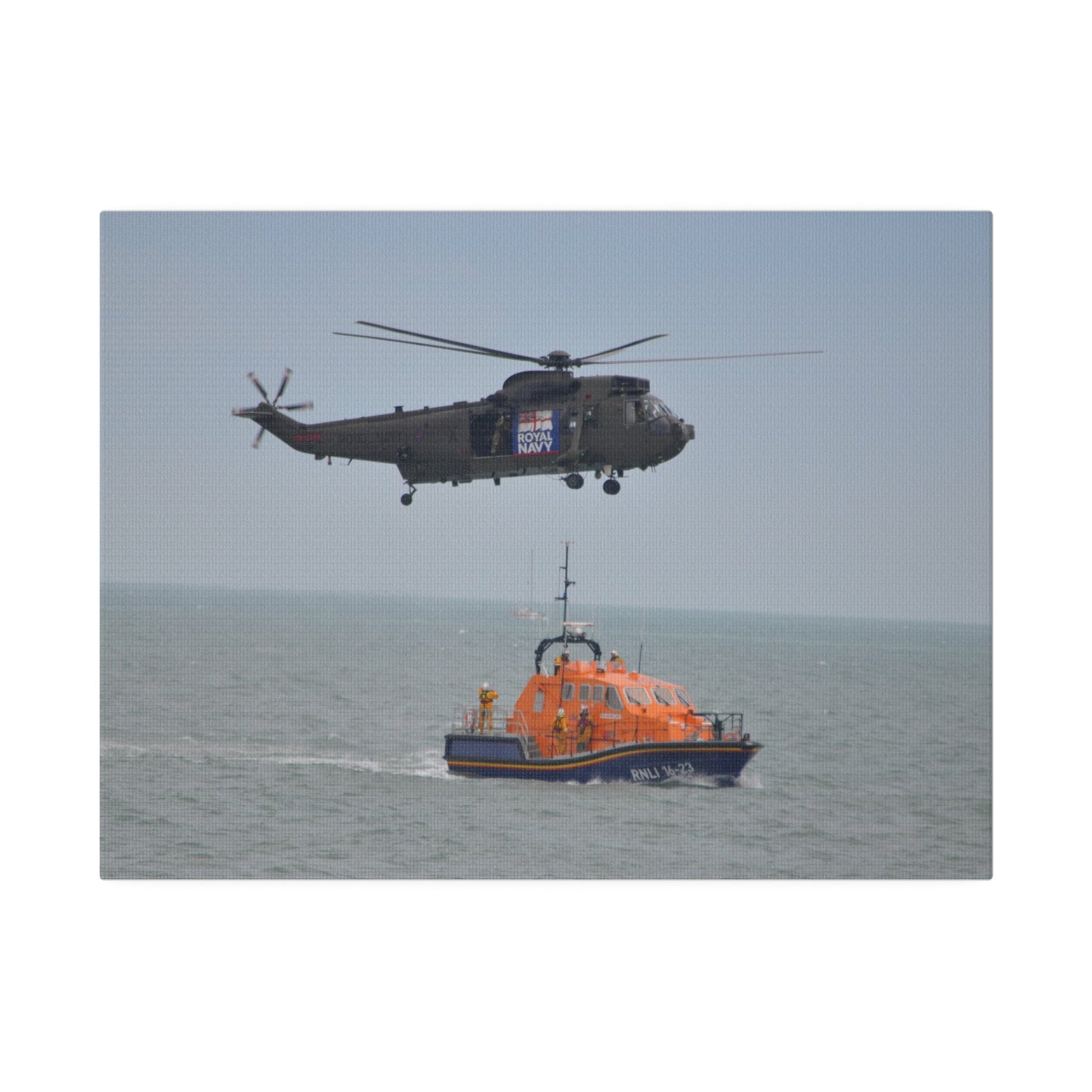 Sea King Helicopter Hovering Over An RNLI Lifeboat, Matte Canvas, Stretched, 0.75" - The Trio Synergize Group