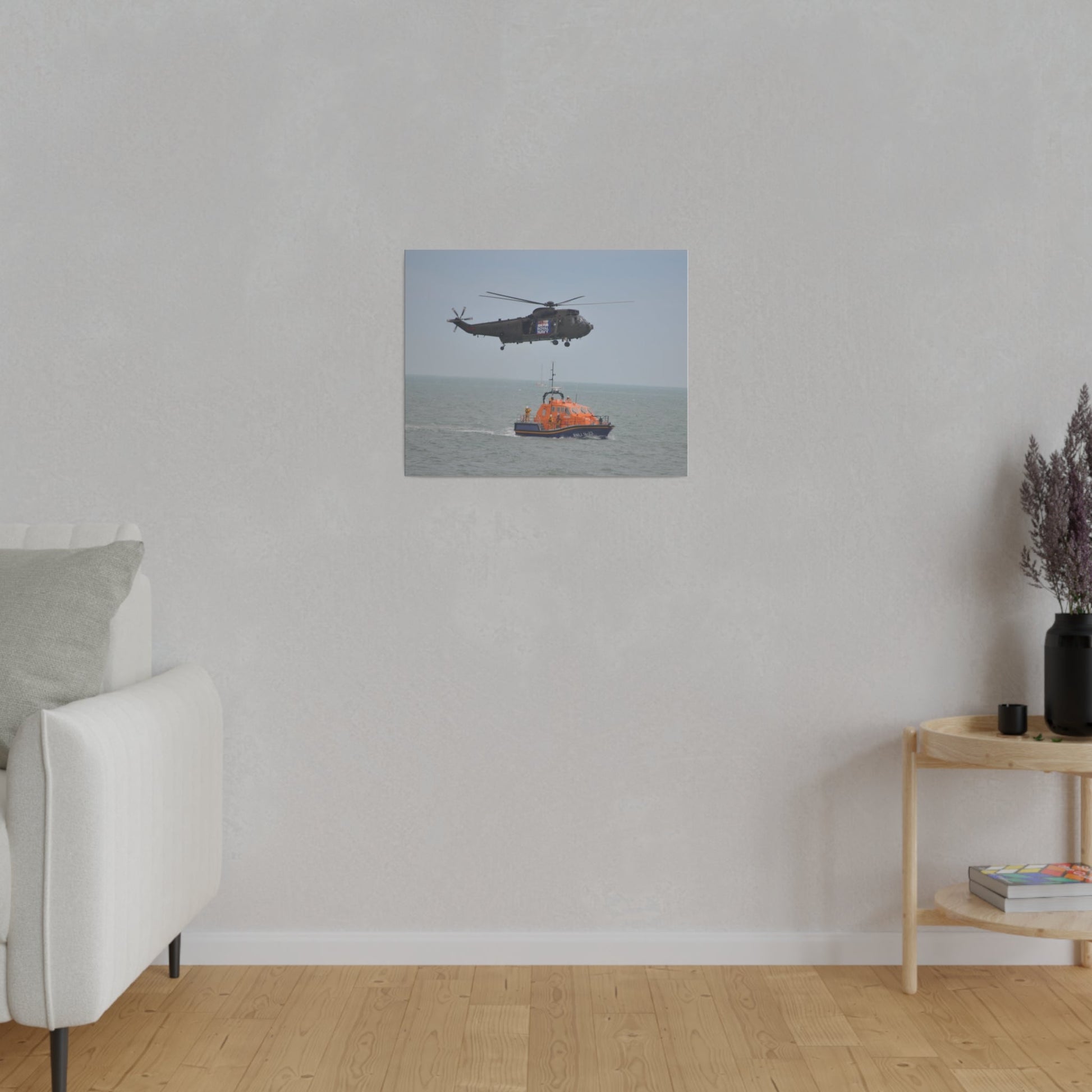 Sea King Helicopter Hovering Over An RNLI Lifeboat, Matte Canvas, Stretched, 0.75" - The Trio Synergize Group